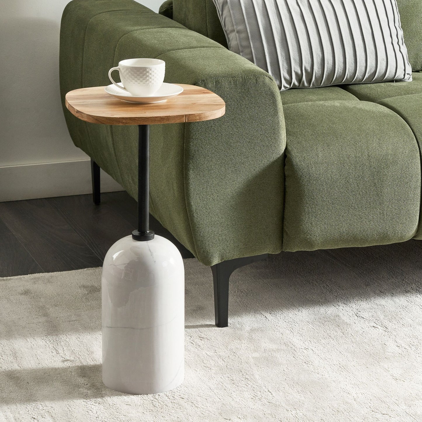 Conte Living Side Table Geometric Shape Round Top In Acacia Wood With White Metal Marble Effect Base Modern Table 30cm