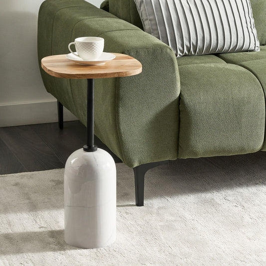 Conte Living Side Table Geometric Shape Round Top In Acacia Wood With White Metal Marble Effect Base Modern Table 30cm