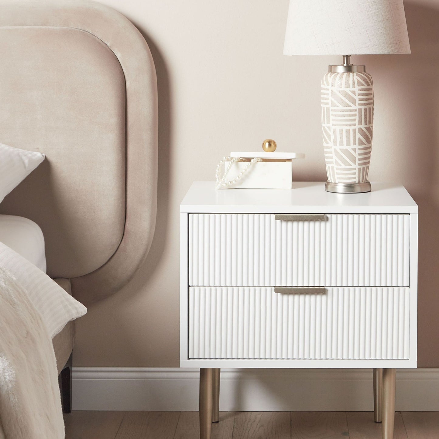 NordicNest Bedside Table White MDF Two Drawer Metal Legs