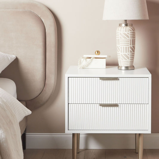 NordicNest Bedside Table White MDF Two Drawer Metal Legs