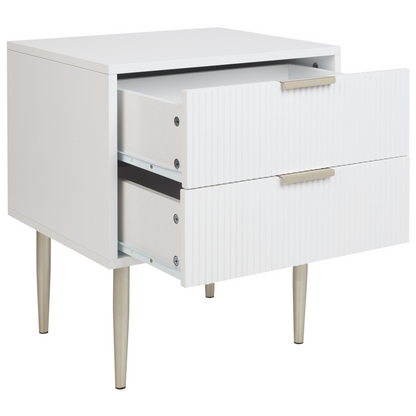 NordicNest Bedside Table White MDF Two Drawer Metal Legs