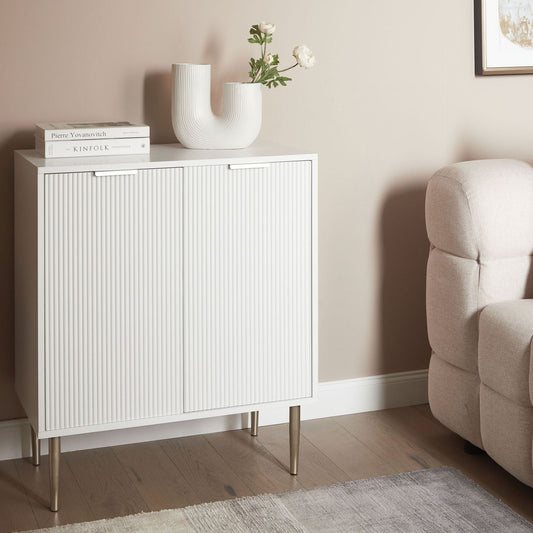 NordicNest White MDF Sideboard With 2 Doors And 2 Storage Shelves Metal Legs Fluted Doors Modern Bedroom