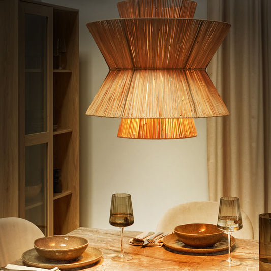 Boho Pendant Lamp Natural Straw Shade Black Iron Base