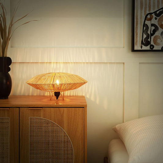 Table Lamp Natural Straw Shade Black Iron Base Bedside Light