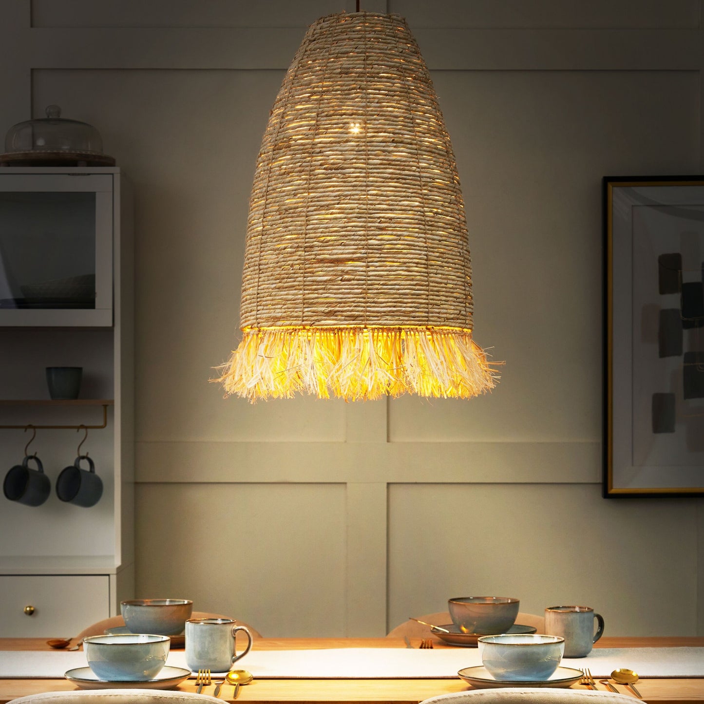 Pendant Lamp Natural Corn Husk Shade Black Iron Base