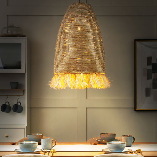 Pendant Lamp Natural Corn Husk Shade Black Iron Base