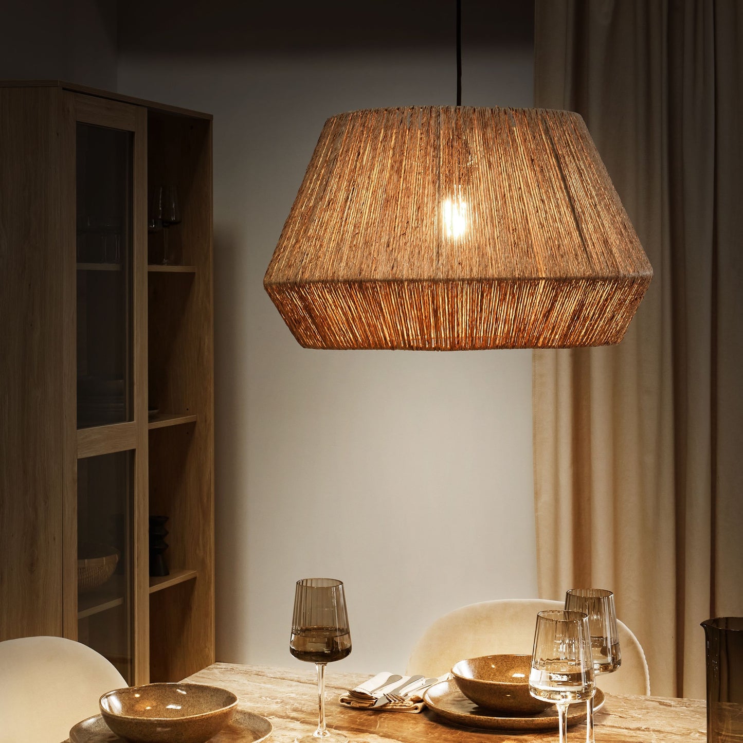 Pendant Lamp Natural Jute Shade Black Iron Base Hanging Light Living Room
