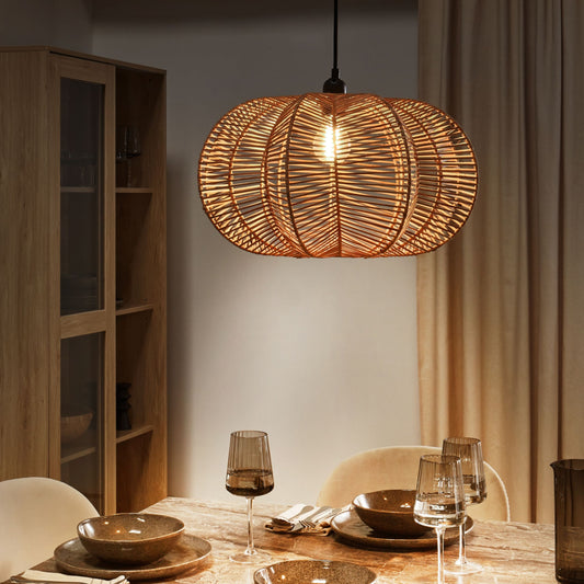 Natural Rattan Shade Pendant Lamp With Black Iron Base Boho