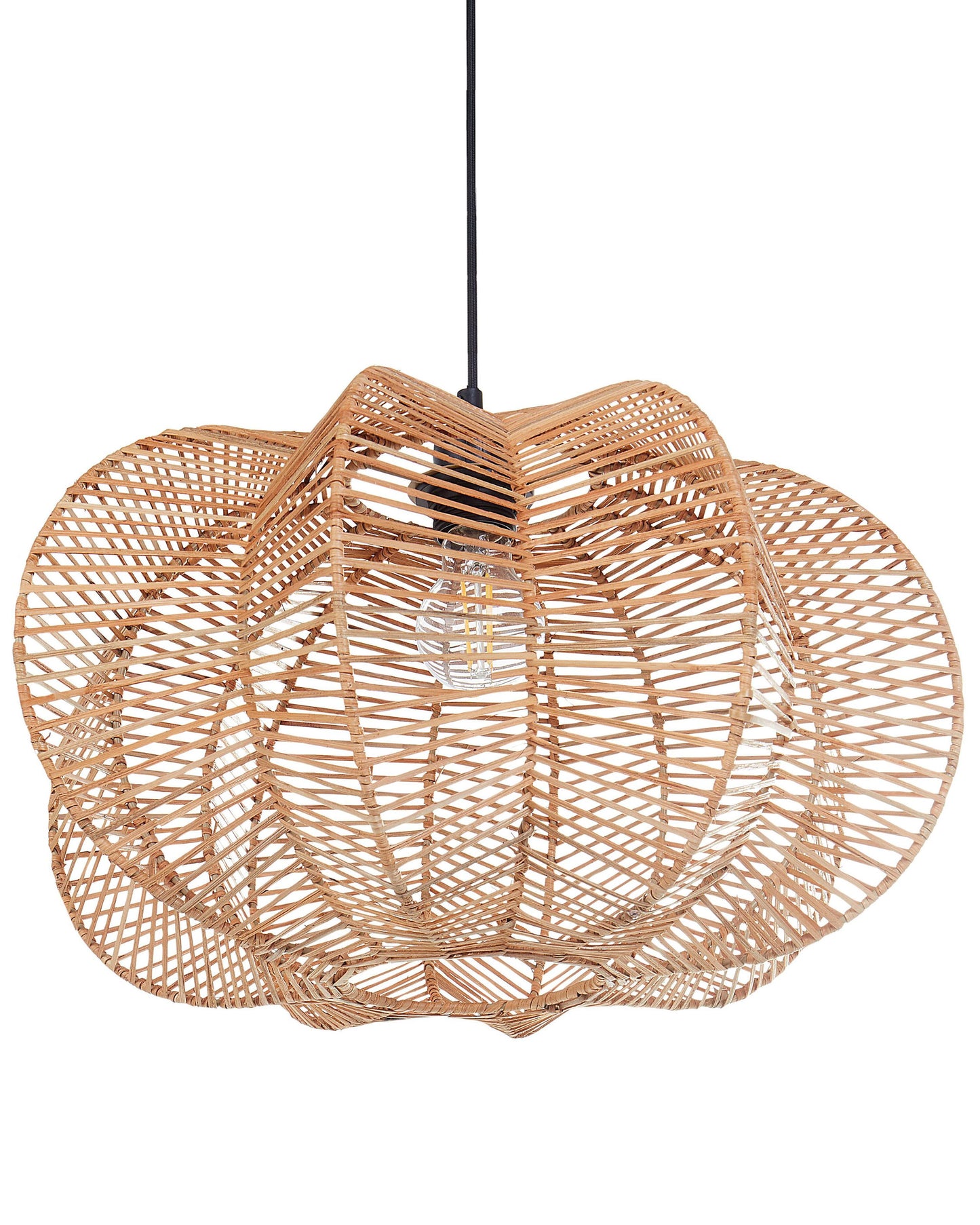 Natural Rattan Shade Pendant Lamp With Black Iron Base Boho