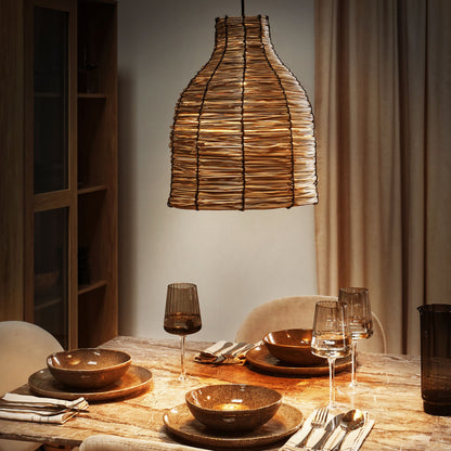 Natural Seagrass Pendant Lamp With Black Iron Base Boho Hanging Light Shade