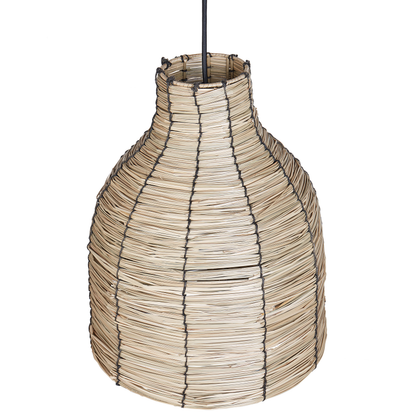 Natural Seagrass Pendant Lamp With Black Iron Base Boho Hanging Light Shade