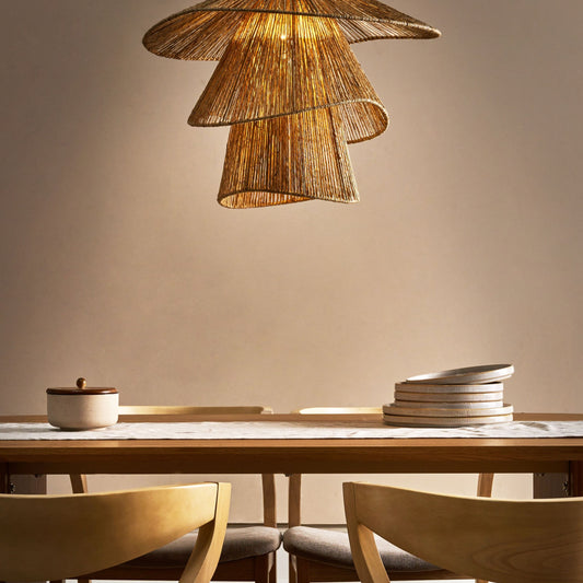 Pendant Lamp Natural Jute Shade Black Iron Base Hanging Light For Living Room