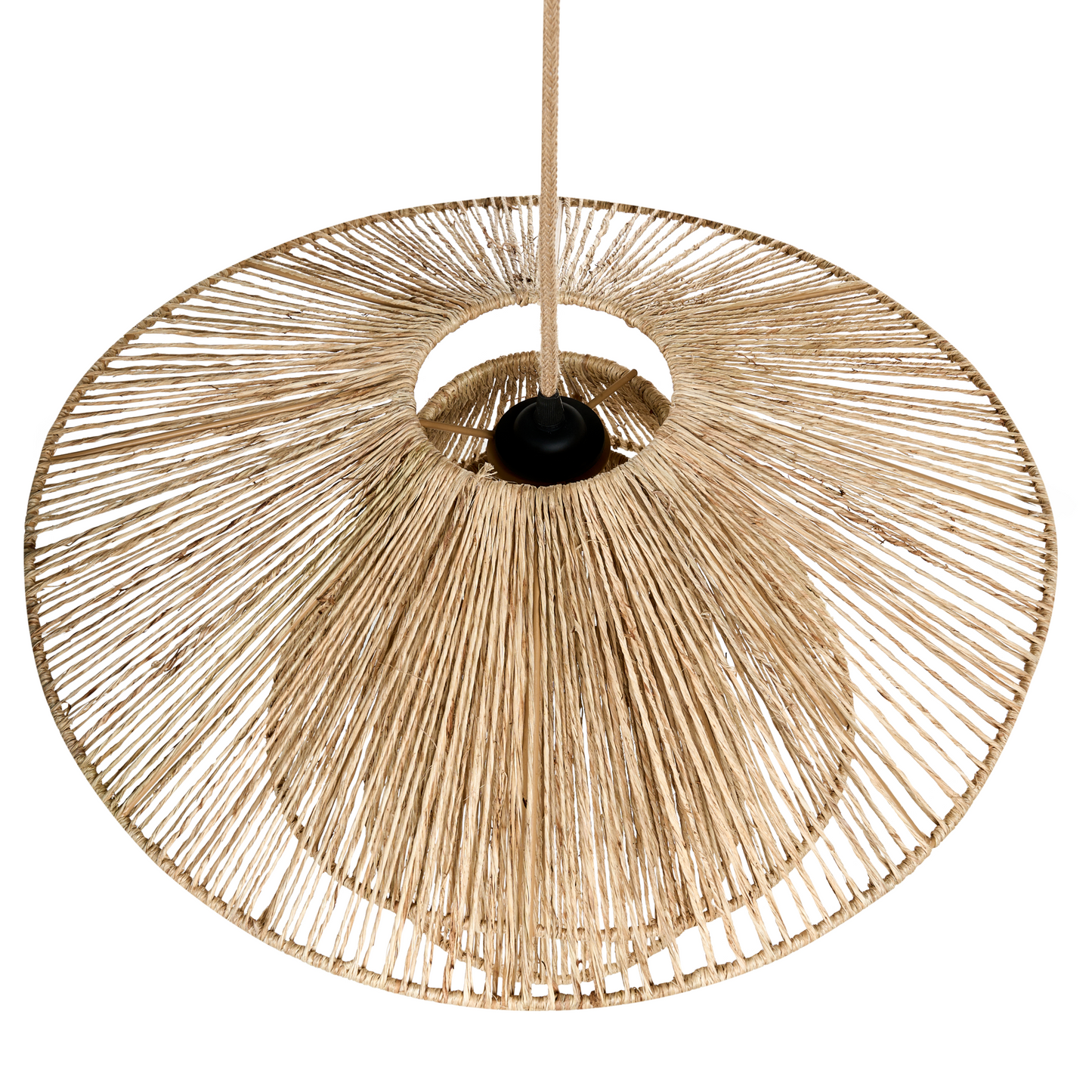 Pendant Lamp Natural Jute Shade Black Iron Base Hanging Light For Living Room
