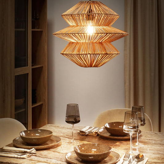 Handmade Pendant Lamp Natural Rattan Shade Black Iron Base Boho Rustic Hanging Light