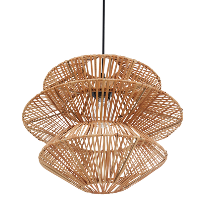 Handmade Pendant Lamp Natural Rattan Shade Black Iron Base Boho Rustic Hanging Light