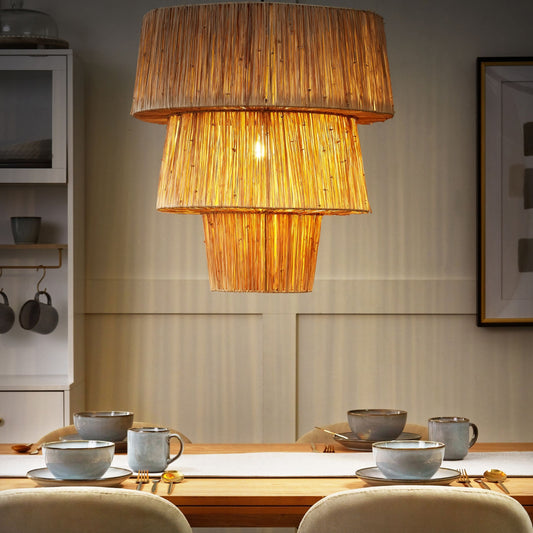 Natural Straw Pendant Lamp With Black Iron Base Rustic Boho Hanging Light