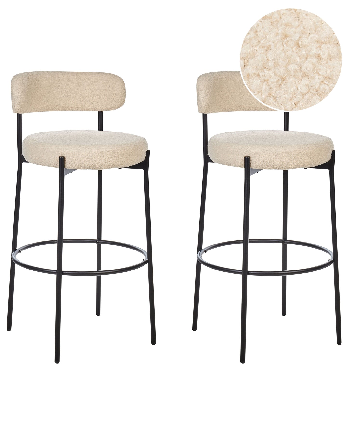 Boucle Bar Stool Set of 2 Beige with Black Steel Legs