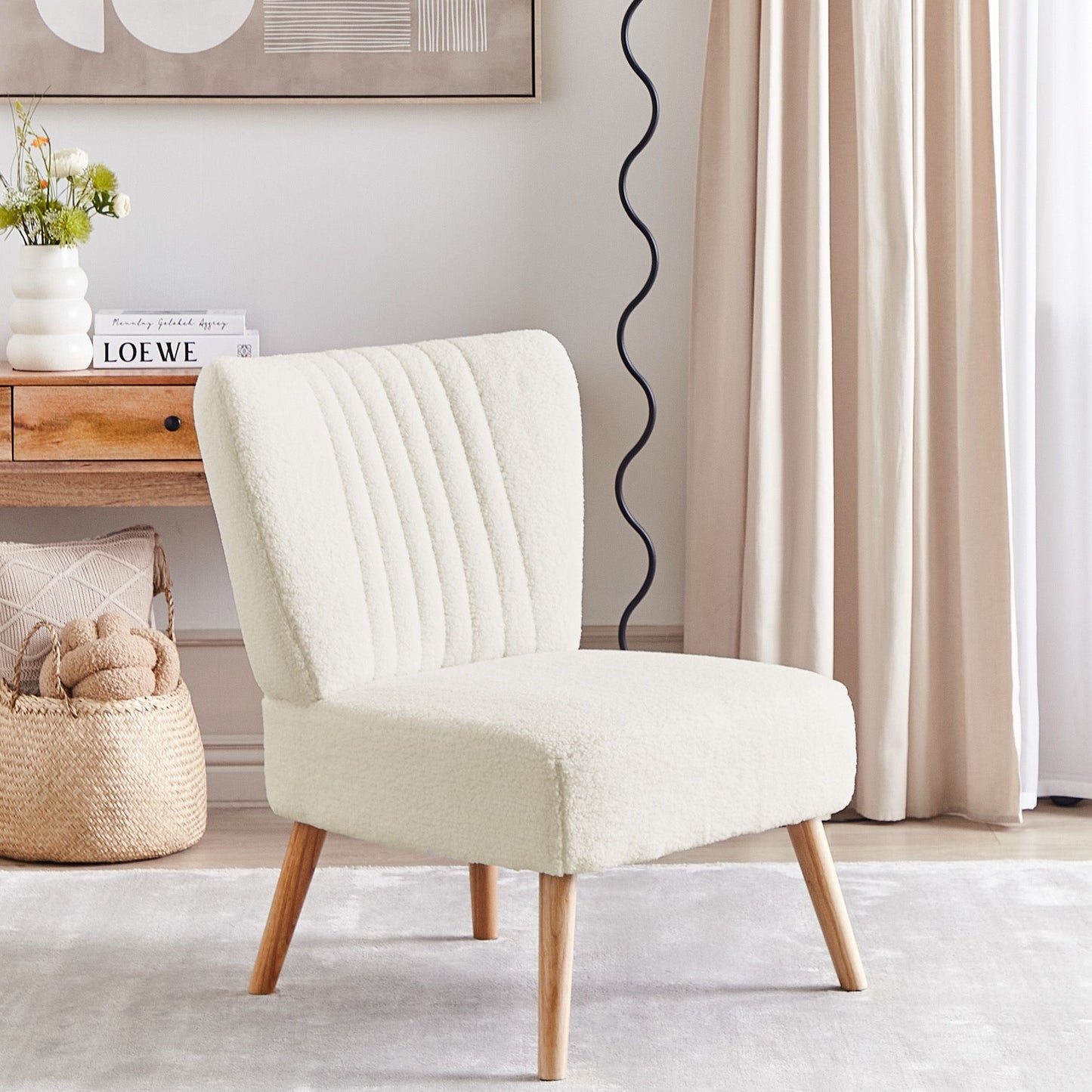 Armchair White Boucle Armless Chair Vertical Tufting
