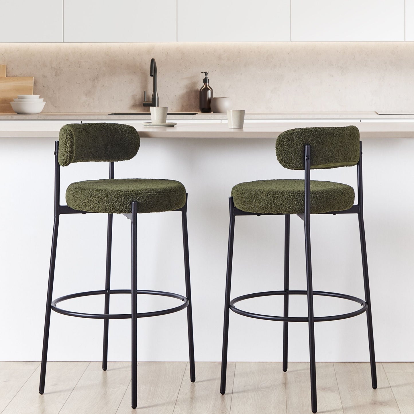 Dark Green Boucle Armless Bar Stools Set Of 2 Steel Legs