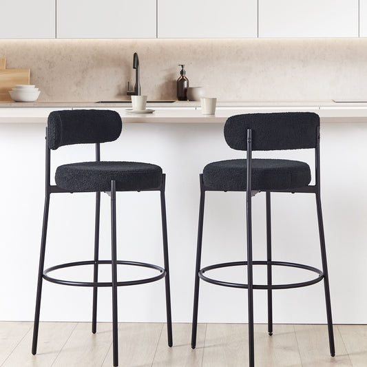 Set Of 2 Black Boucle Bar Stools Armless With Leg Caps Modern Dining Room Seating