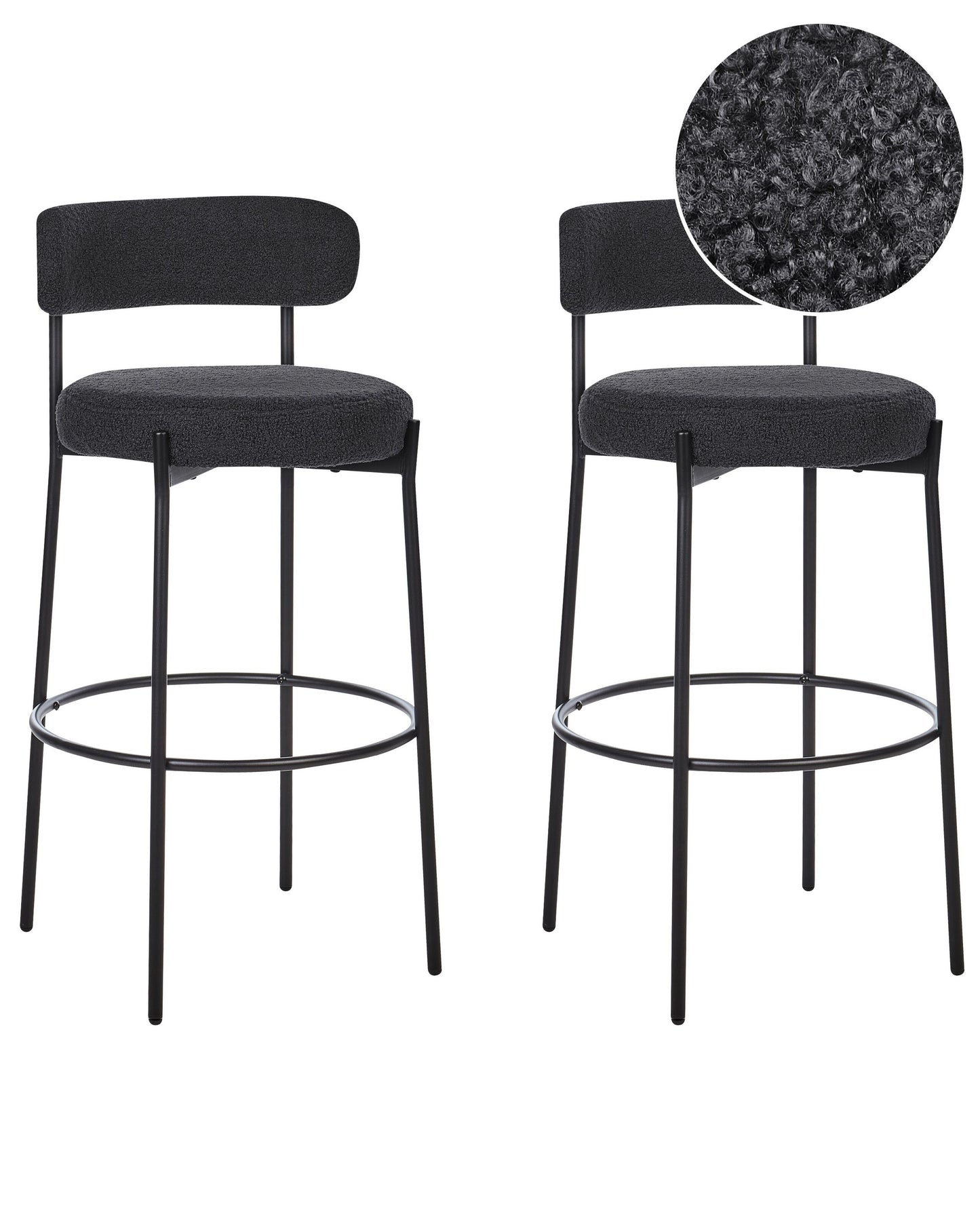 Set Of 2 Black Boucle Bar Stools Armless With Leg Caps Modern Dining Room Seating