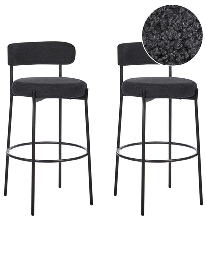 Set Of 2 Black Boucle Bar Stools Armless With Leg Caps Modern Dining Room Seating