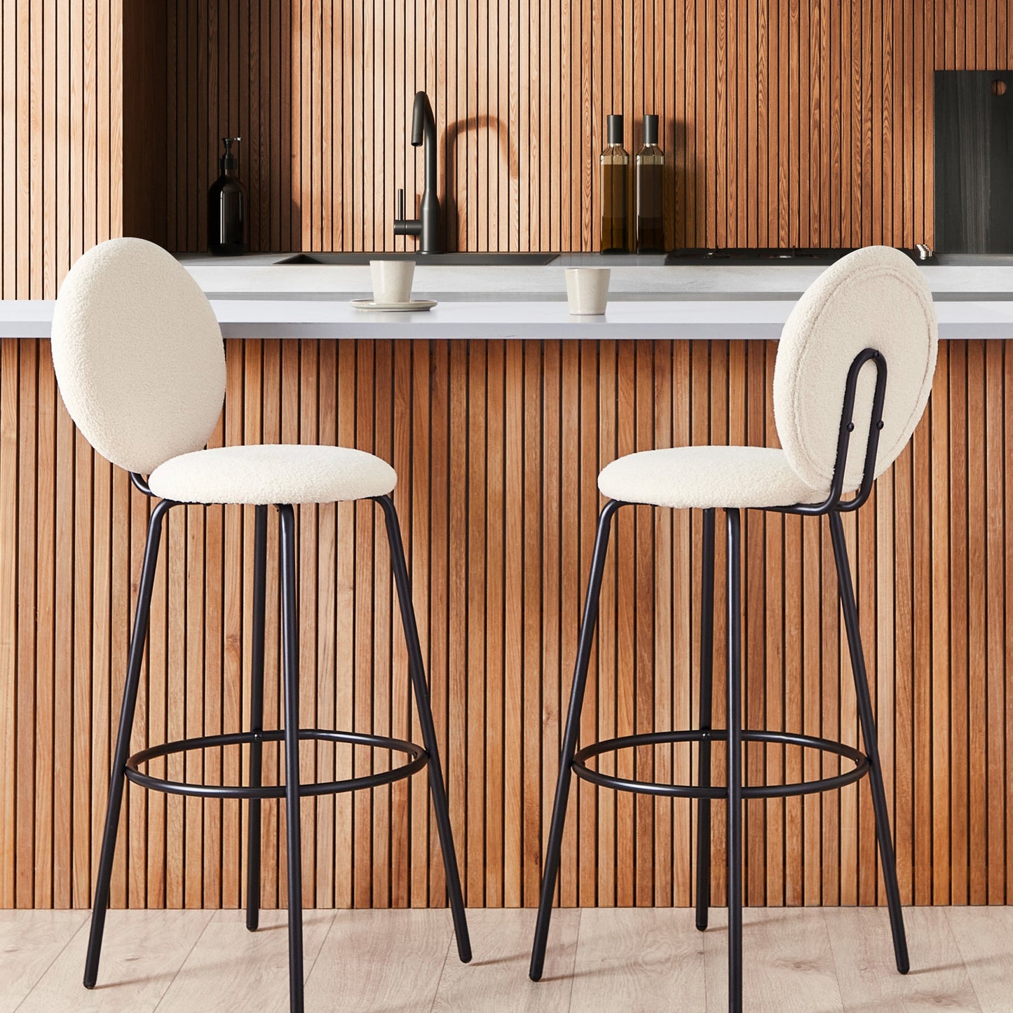Boucle Bar Stools Pair Light Beige Armless Black Legs