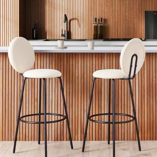 Boucle Bar Stools Pair Light Beige Armless Black Legs