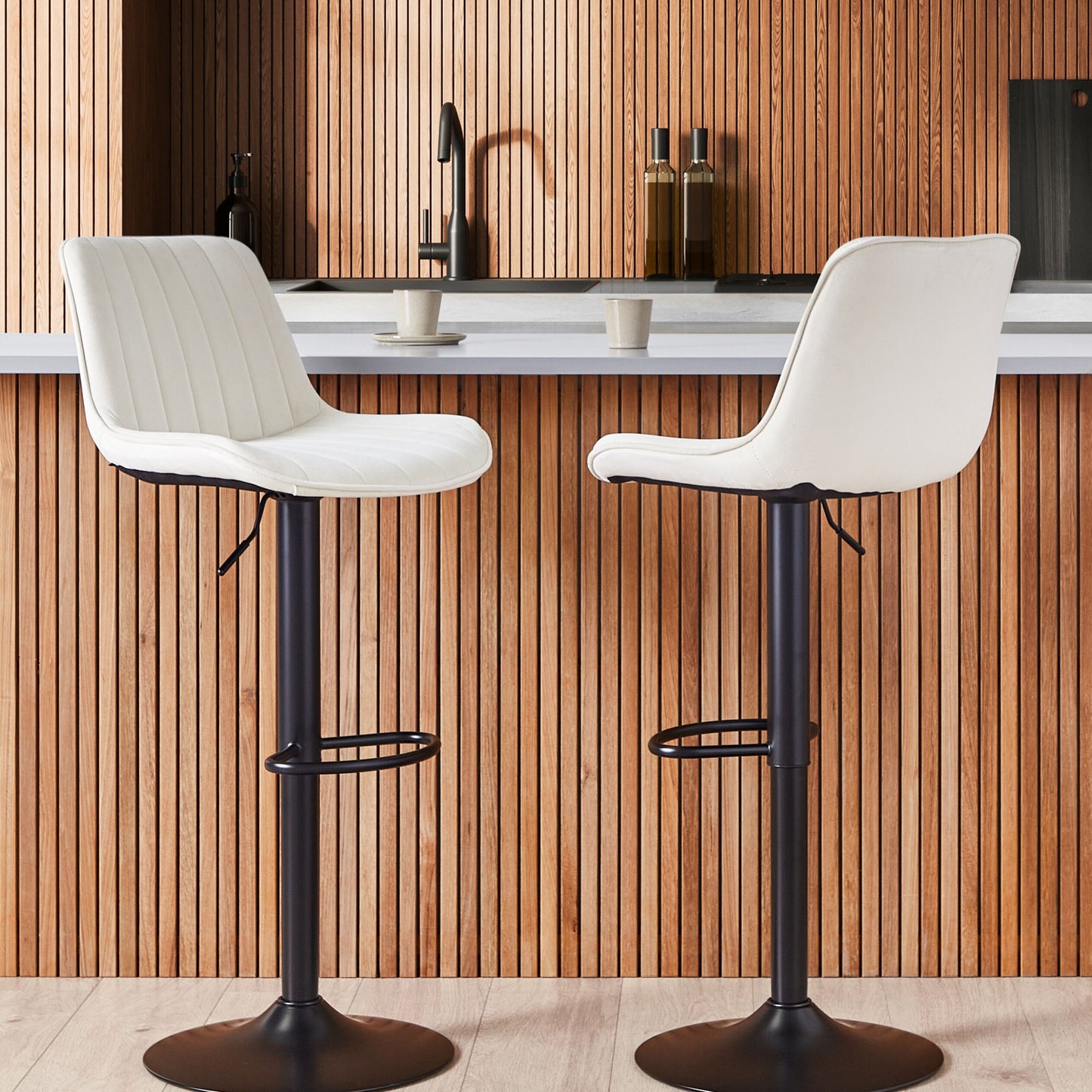 Velvet Bar Stools Set of 2 Light Beige Swivel Black Steel