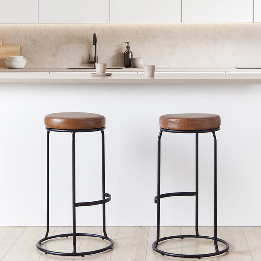 Brown Faux Leather Bar Stools 2 Pack With Black Steel Legs