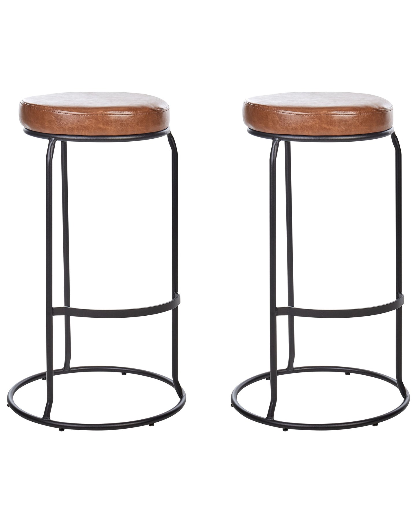 Brown Faux Leather Bar Stools 2 Pack With Black Steel Legs