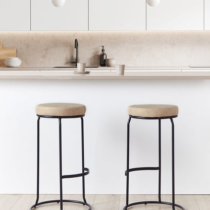 Set Of 2 Bar Stools Beige Armless Faux Leather With Leg Caps