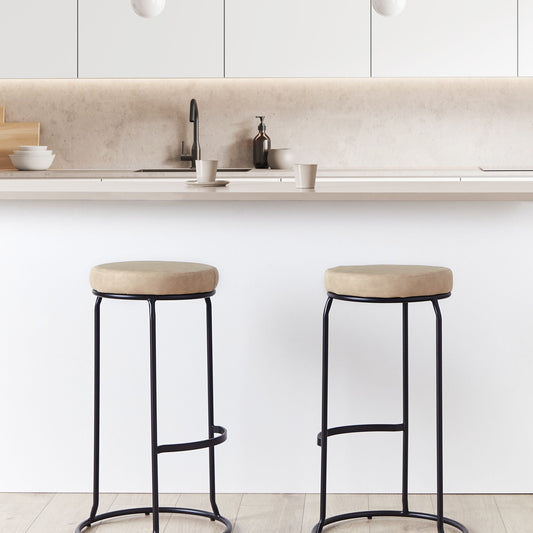 Set Of 2 Bar Stools Beige Armless Faux Leather With Leg Caps