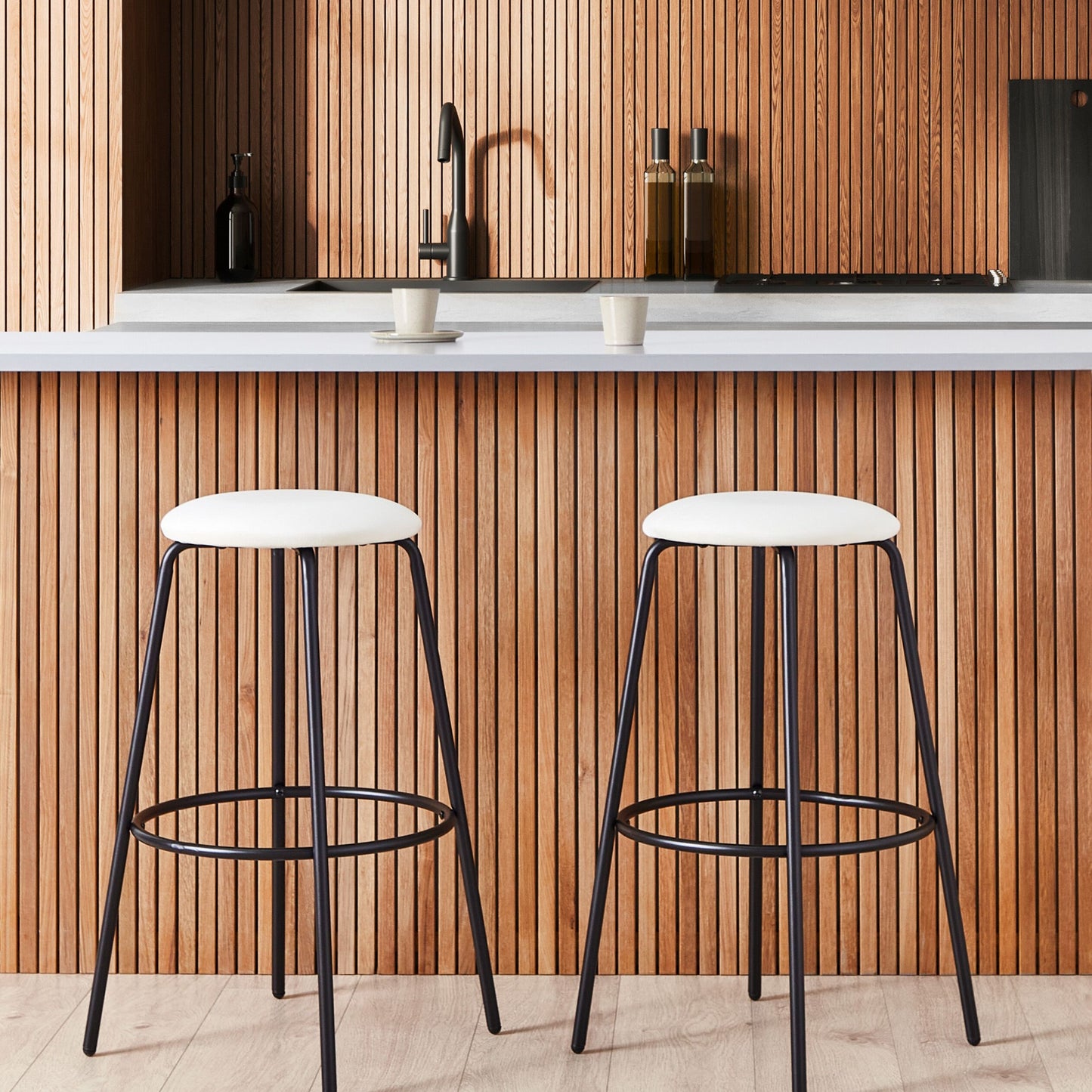 Velvet Armless Bar Stools 2 Off White Black Steel Legs