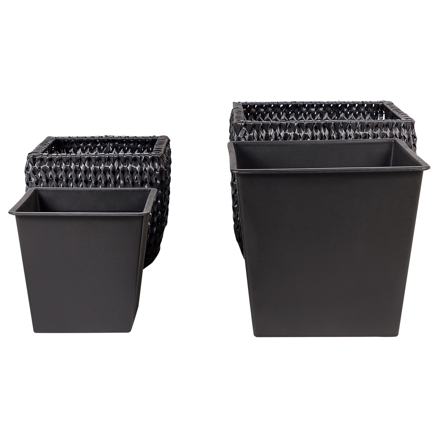 Set of 2 Black PE Rattan Plant Pots With Plastic Inserts For Indoor Outdoor Round