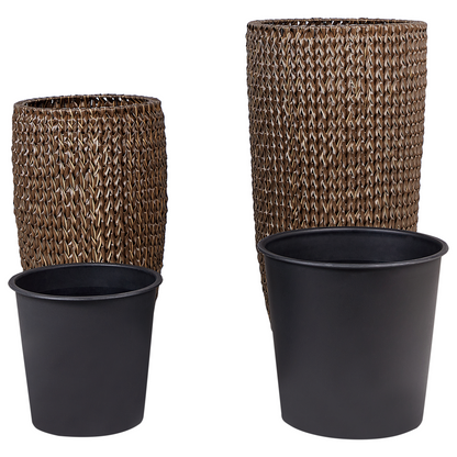 Brown PE Rattan Plant Pots Set Of 2 With Plastic Insert