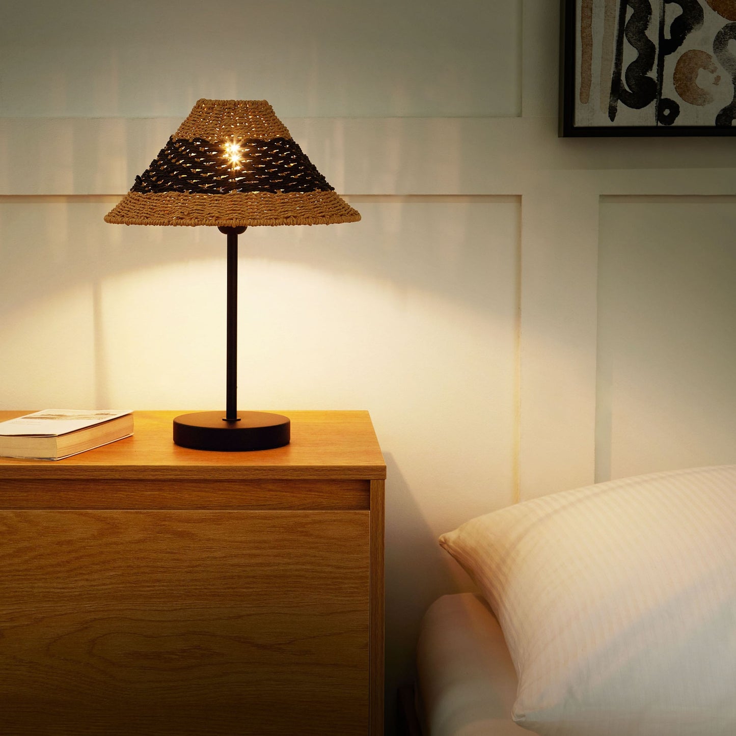 Table Lamp Beige And Black Paper Rope Cone Shade Handcrafted Metal Base