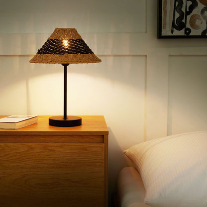 Table Lamp Beige And Black Paper Rope Cone Shade Handcrafted Metal Base