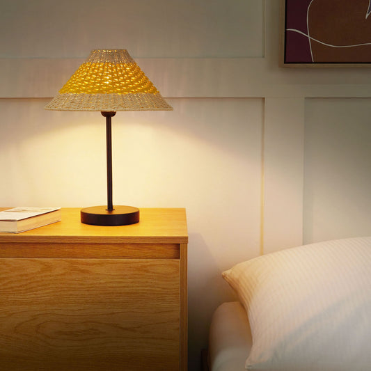 Table Lamp Handmade Beige And Yellow Natural Paper Rope Cone Shade With Metal Base