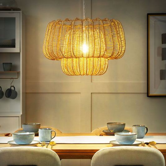 Japandi Pendant Lamp Handcrafted Beige Paper Rope Shade Geometric Cage