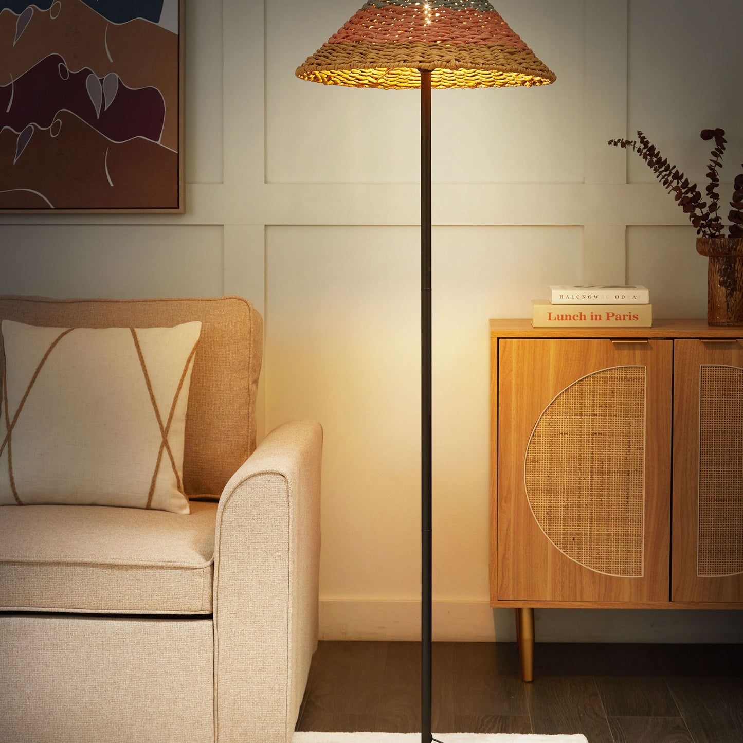 Floor Lamp With Black Beige Pink Blue Paper Rope Shade And Sturdy Metal Base
