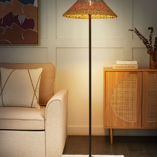 Floor Lamp With Black Beige Pink Blue Paper Rope Shade And Sturdy Metal Base