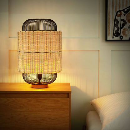 Table Lamp Natural Rattan With Black Metal Cage Shade