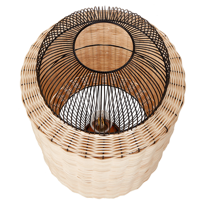Table Lamp Natural Rattan With Black Metal Cage Shade