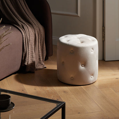 Round Tufted Off White Velvet Ottoman Pouffe Glam Modern