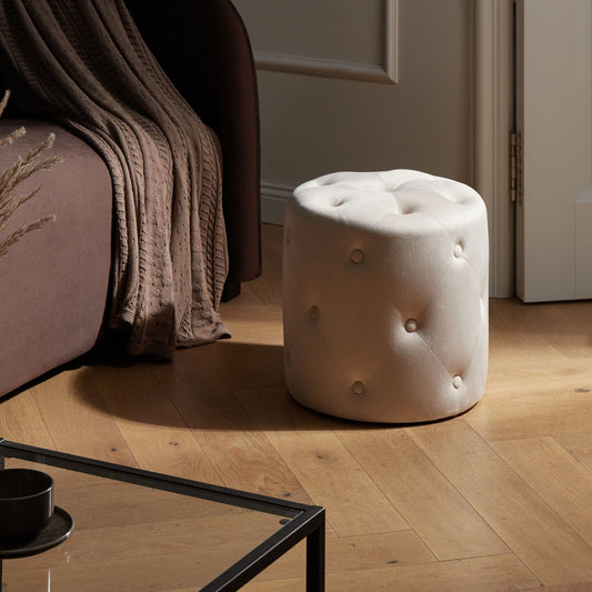 Round Tufted Off White Velvet Ottoman Pouffe Glam Modern