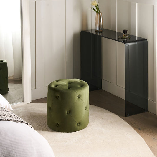 Velvet Round Olive Tufted 40cm Ottoman Pouffe