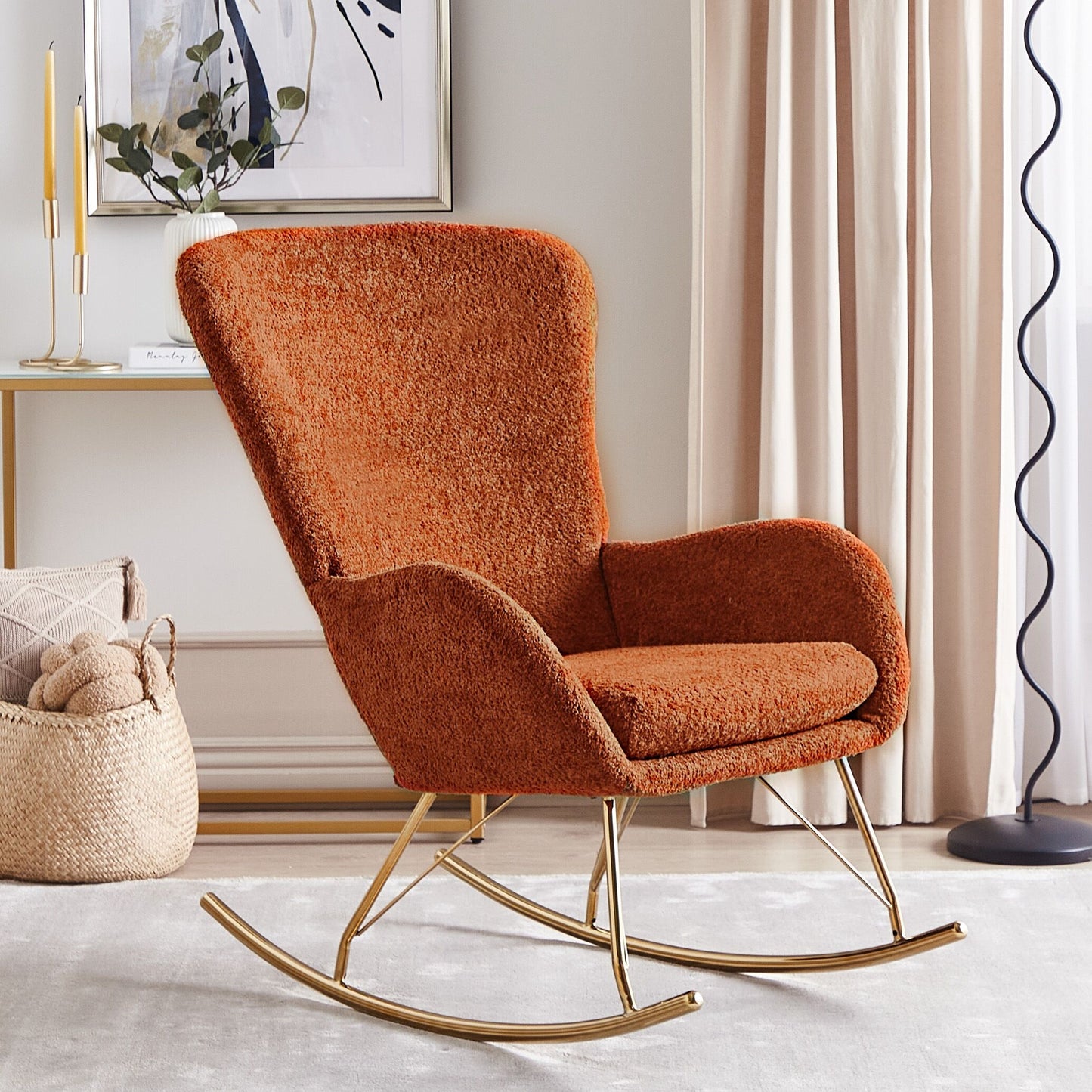 Rocking Chair Boucle Orange With Metal Legs
