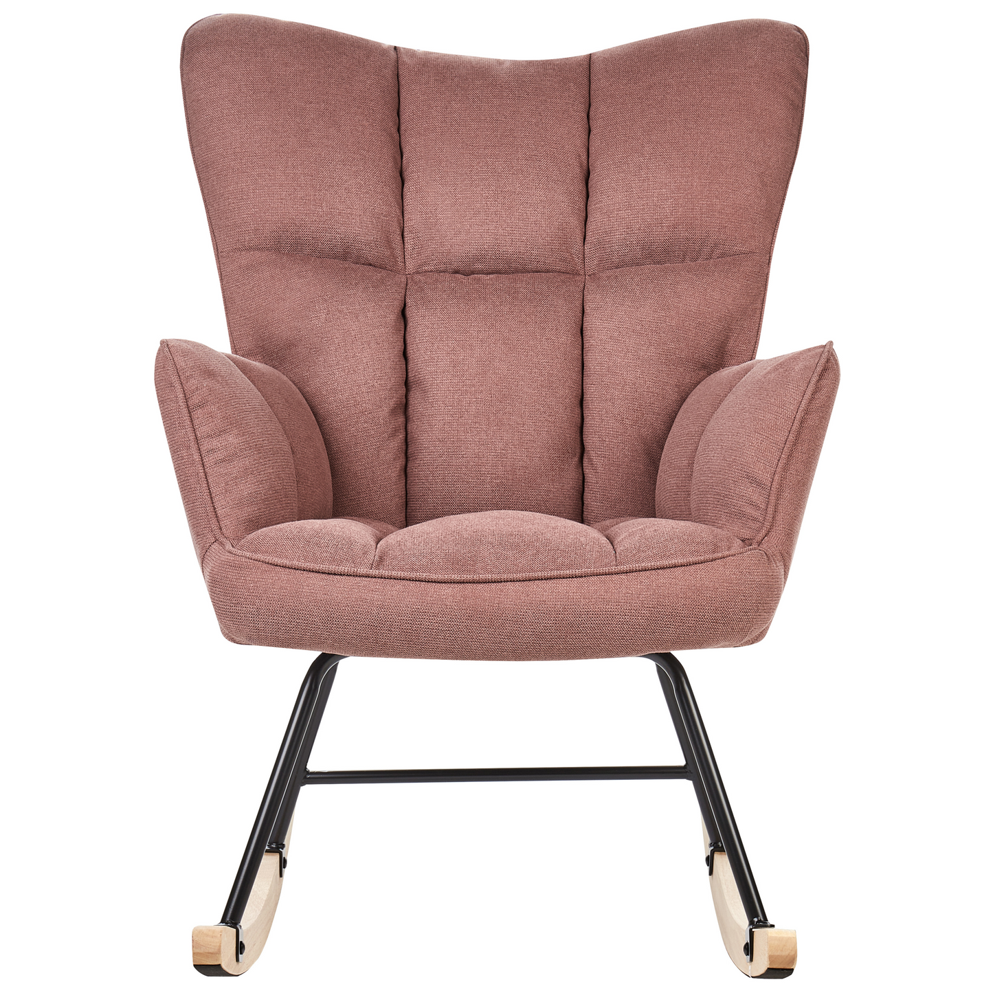 Pink Rocking Chair Biscuit Tufted Fabric Upholstery Wooden Leg Skates