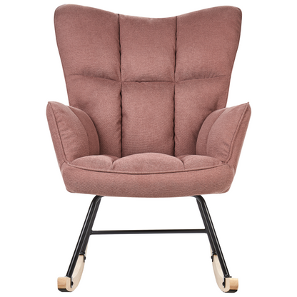 Pink Rocking Chair Biscuit Tufted Fabric Upholstery Wooden Leg Skates